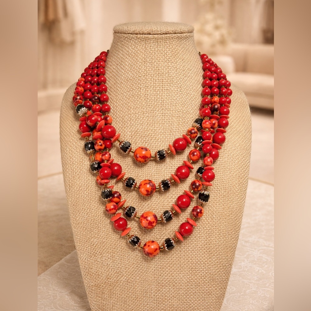 Vintage Triple Strand Red Lucite Bead Necklace Black Mid Century Statement 14"